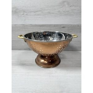 Vintage Solid Copper Pedestal Colander Strainer Brass Handles Stainless